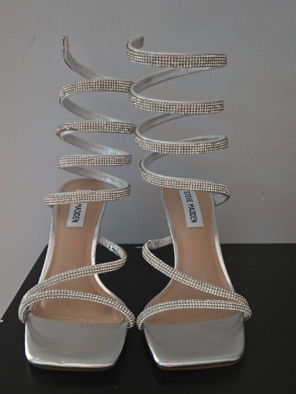 Steve Madden Silver Crystal Spiral Lace Heels